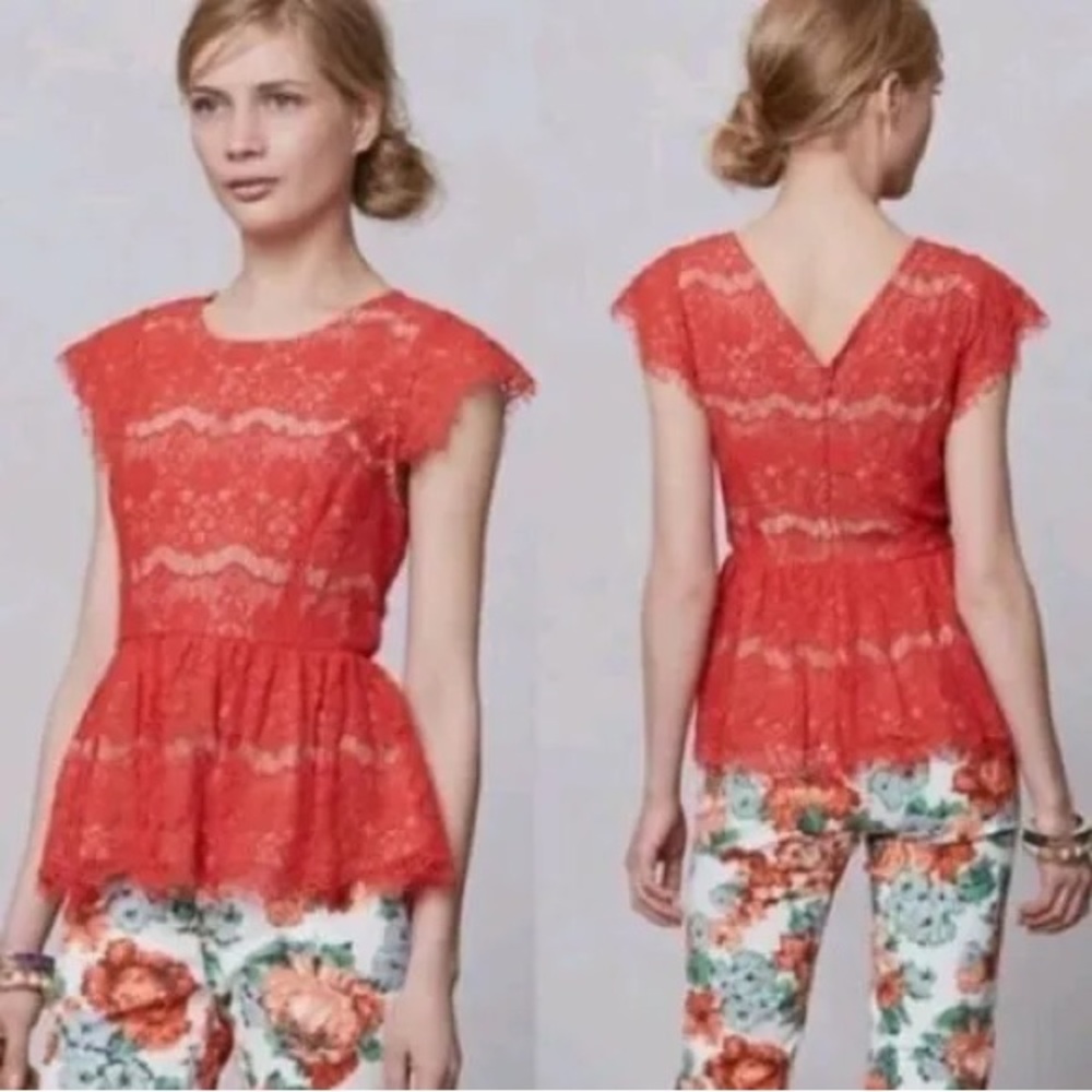 {Maeve by Anthropologie} Red Lace Illusion Peplum Blouse - Sz M